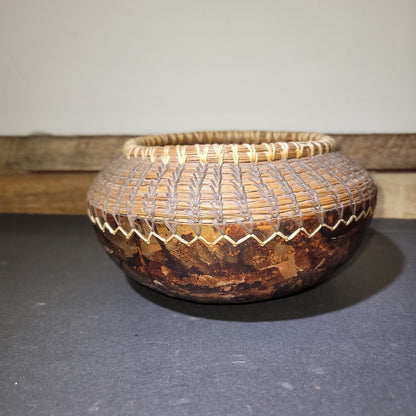Artisan Handmade Gourd & Coiled Pine Needle Basket Bowl 6" Wide Rustic Southern