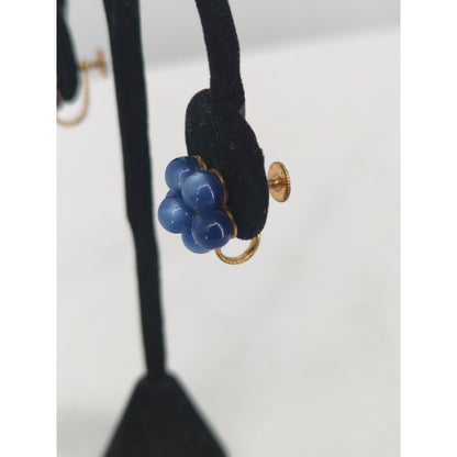 Vintage Mid Century Cobalt Cluster Bead Screw Back Earrings Retro French Country