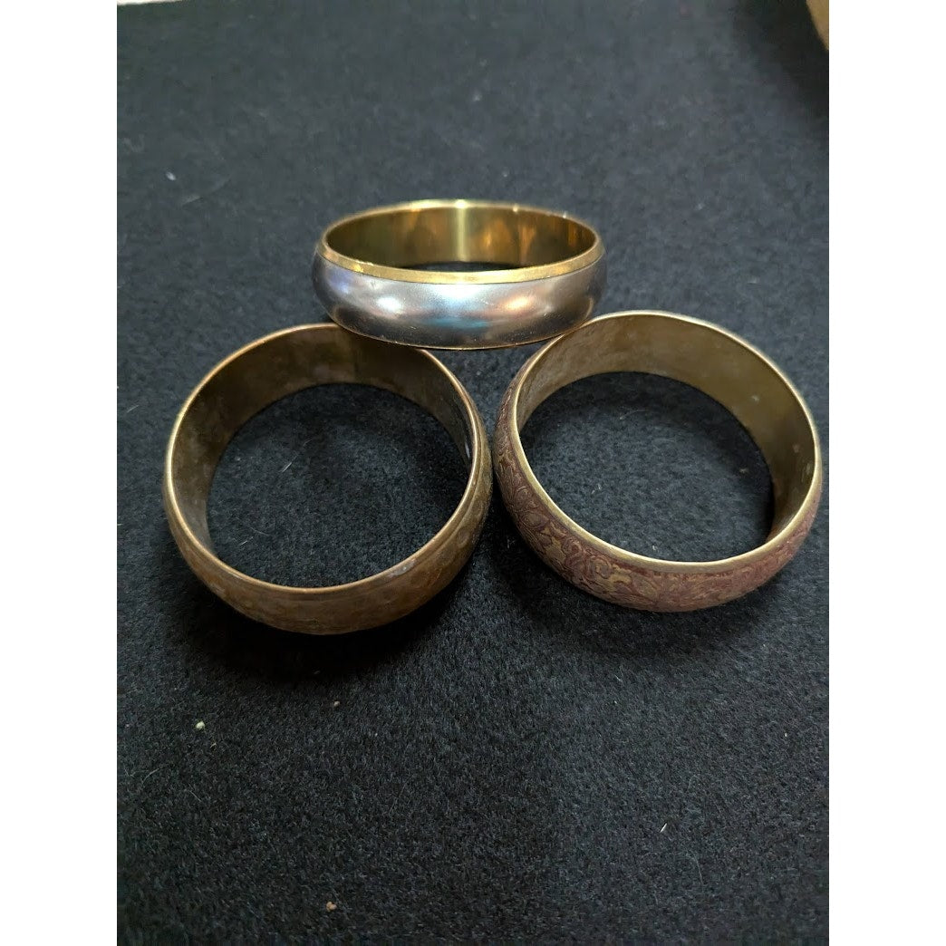 Set of 3 Brass Vintage Bracelets hammered two tone metal etched mixed styles
