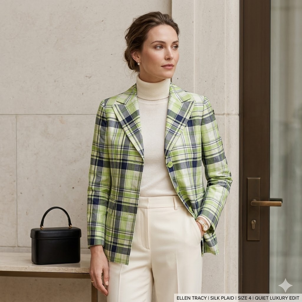 Ellen Tracy Green Plaid Silk Blazer Structured Tartan Preppy Jacket Size 4