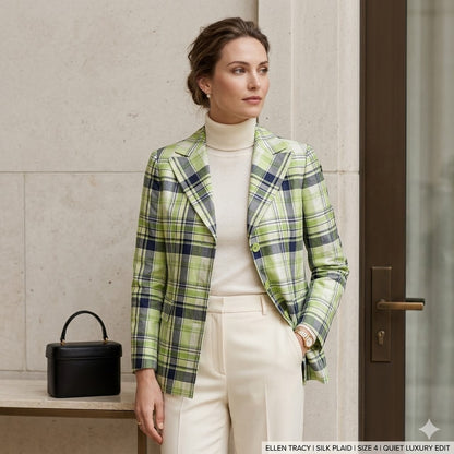 Ellen Tracy Green Plaid Silk Blazer Structured Tartan Preppy Jacket Size 4