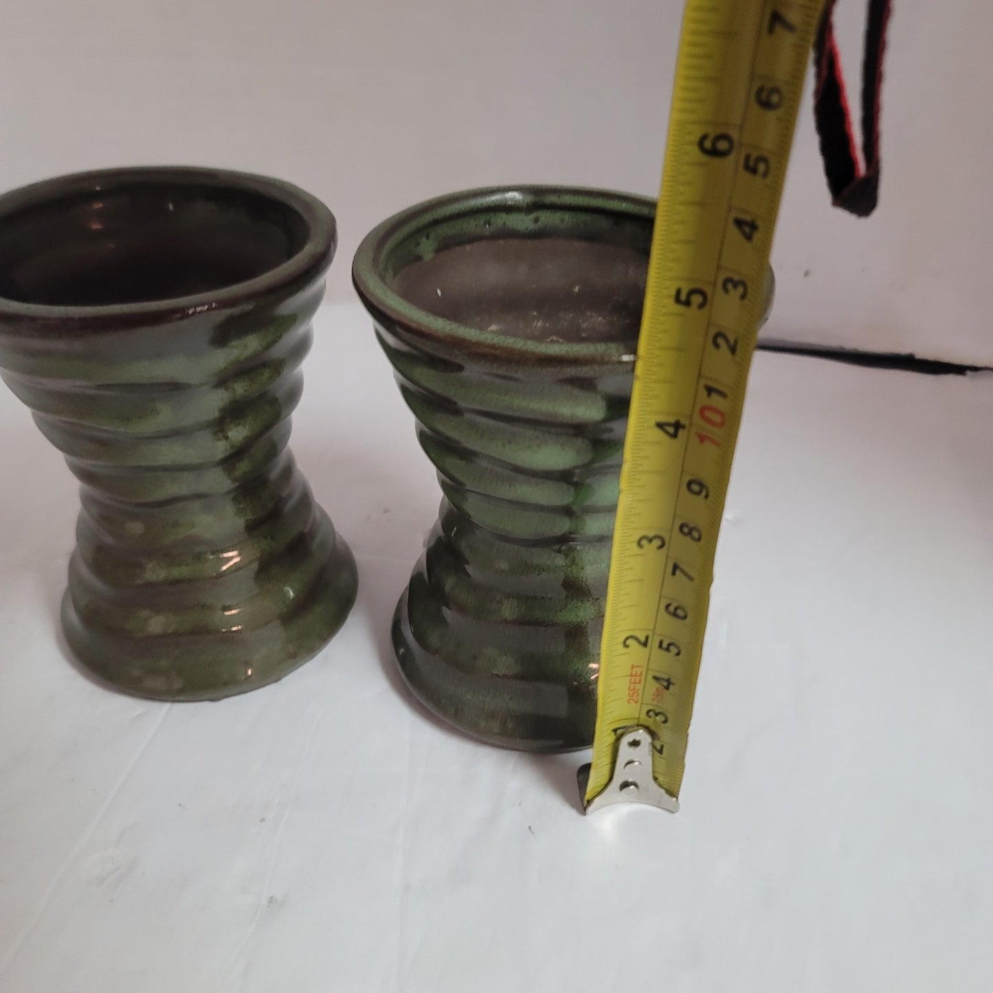 Pair sage green priory vases 4.5" talltwo tone gloss glaze Handmade clay pottery