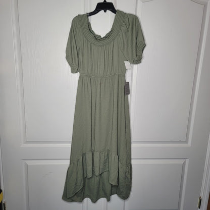 NEW Superfoxx Size Large Sage Green Midi Peasant Dress Off Shoulder Short Sleeve