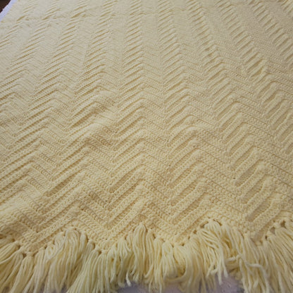 handmade Yellow afghan throw fringe chevron 50" x77" twin zigzag homestead retro