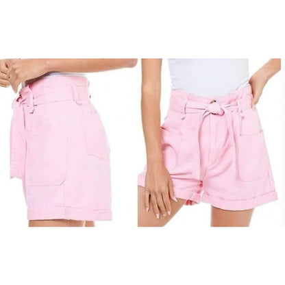 NWT Elodie High Waist Paperbag Shorts with Tie Belt 100% Cotton in Pink Sz Large