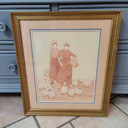Feeding Time Signed by Vera Kirk Print Amish Batiks Watercolors Framed Matted