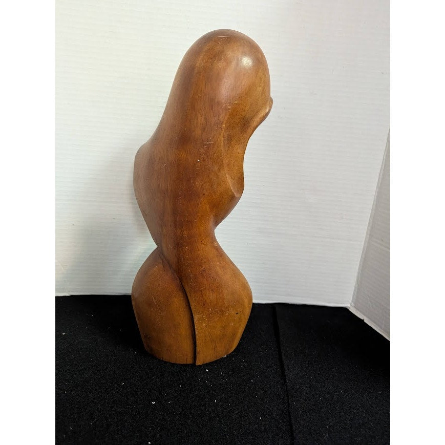 Mid-Century Modern Hand-Carved Wood Bust Sculpture – Stylized Female Form