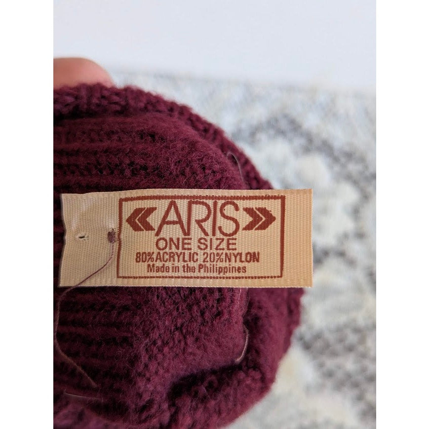 Vintage Aris Plum Knit Leather Palm Gloves Size 6 / 6.5 Small Burgundy One Size