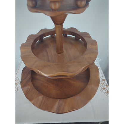 Vintage MCM Hand-Carved Wooden 3-Tiered Serving Stand with Water Buffalo Topper