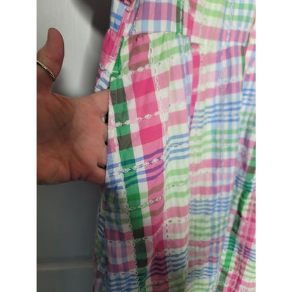 Crown & Ivy Plaid eyelet button up Dress Midi Size XL Pockets flutter sleeve