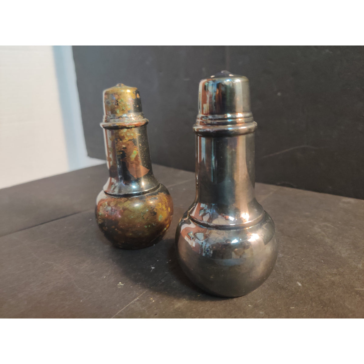 Vintage Metal Salt And Pepper Shakers Pair Tarnished No Stoppers