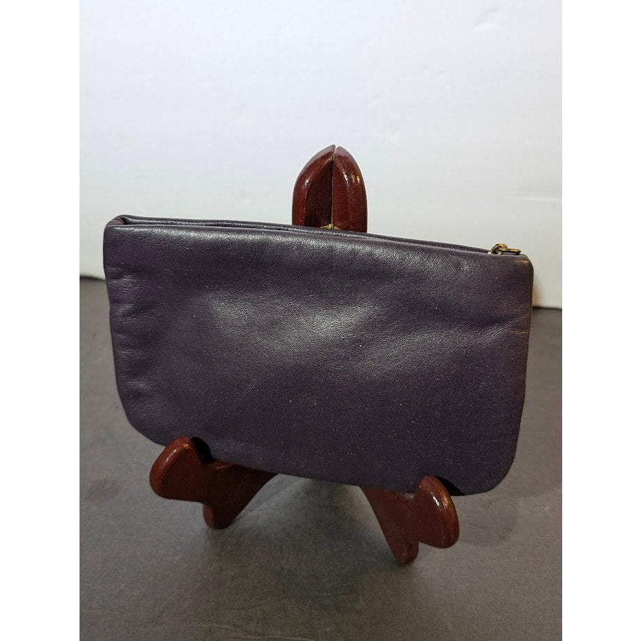 Anne Klein Navy Blue Leather Zipper Pouch Clutch Wallet Vintage Lion Logo