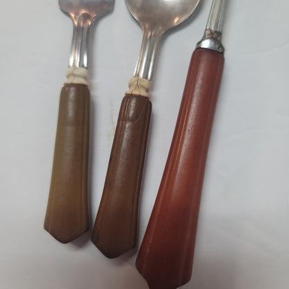 Set of 3 Bakelite Butterscotch Brown Handled Fork and child set Stainless Steel