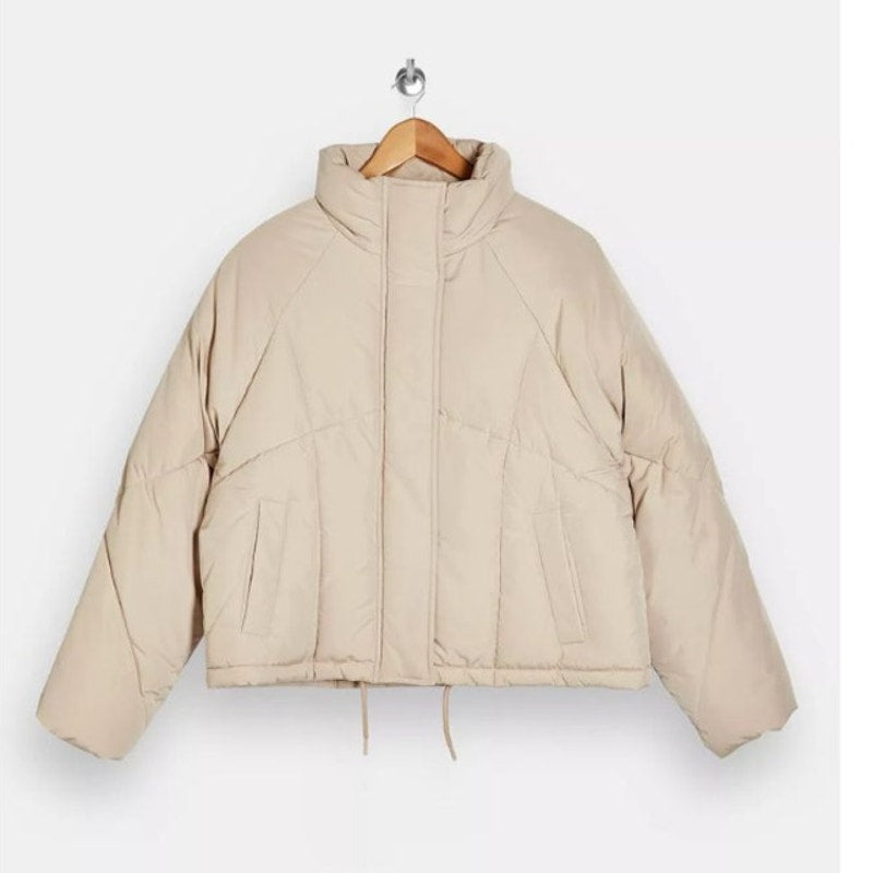 NWT Topshop Padded Puffer Jacket Womens Size 6 Ecru Full Zip Drawstring SMALL