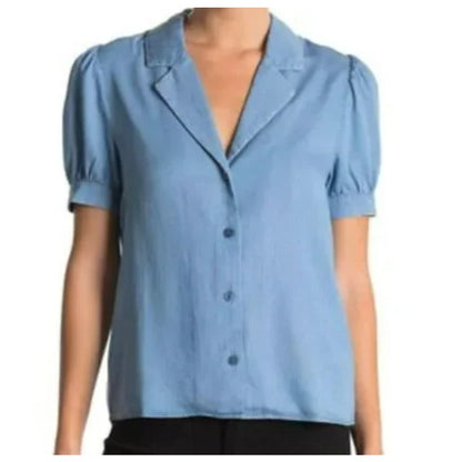 NWT Laundry by Shelli Segal Denim Button Puff Sleeve Blouse in Blue Sz Medium