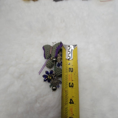 Vintage Handmade Japan Butterfly Crochet Assemblage Brooch Pin Purple Flowers