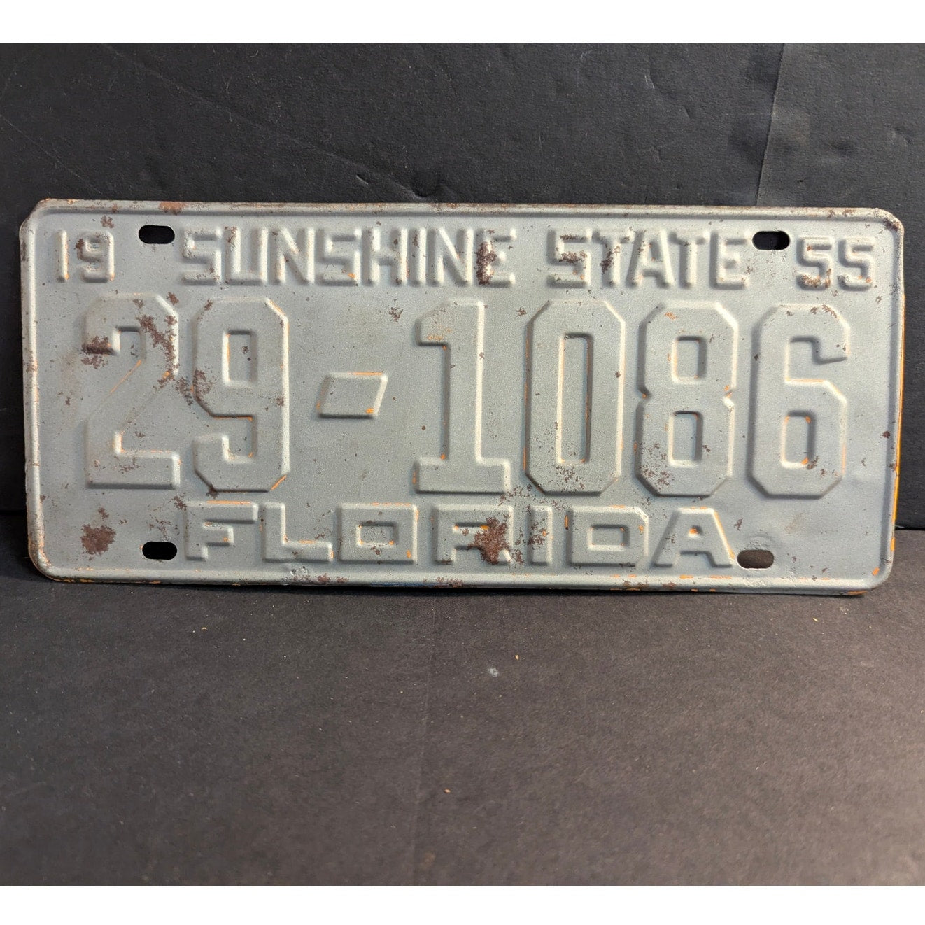 Vintage 1955 Florida License Plate Sunshine State Metal Tag White Grey Patina