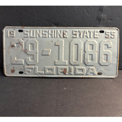 Vintage 1955 Florida License Plate Sunshine State Metal Tag White Grey Patina