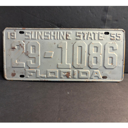 Vintage 1955 Florida License Plate Sunshine State Metal Tag White Grey Patina