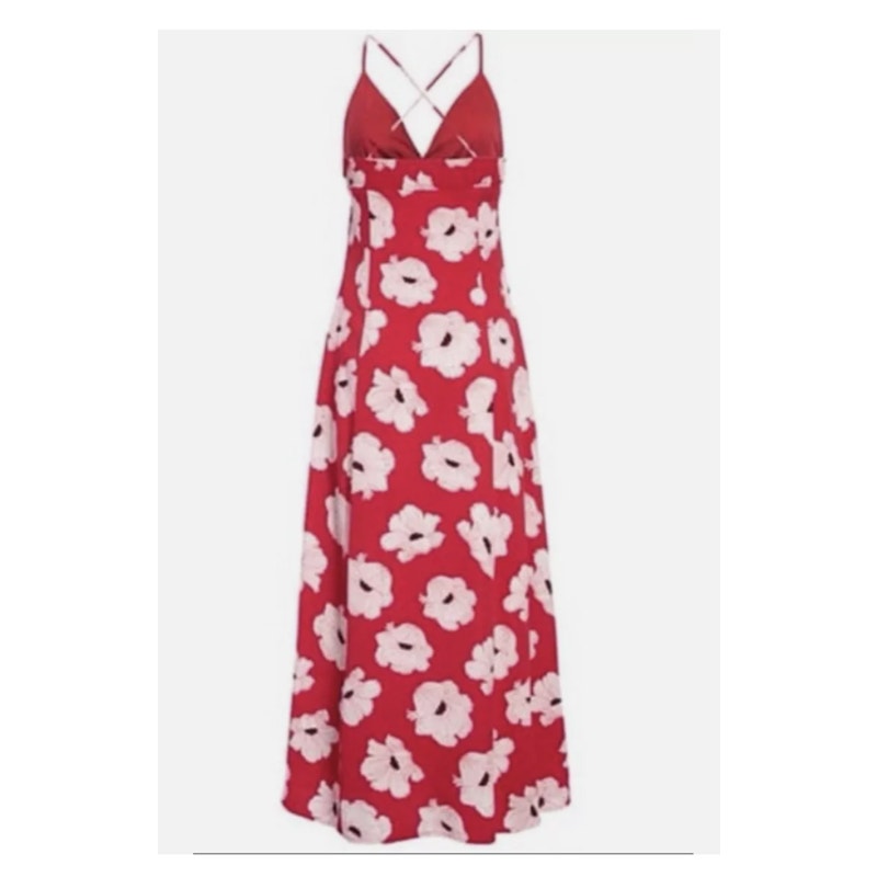 LEITH Cami Maxi Dress In Red Beetroot Linear Floral XXS NEW Summer Poppies