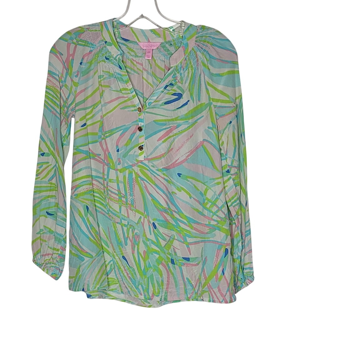 Lilly Pulitzer Size XXS extra small 100% Silk Blouse Top Shirt Elsa Pink Teal