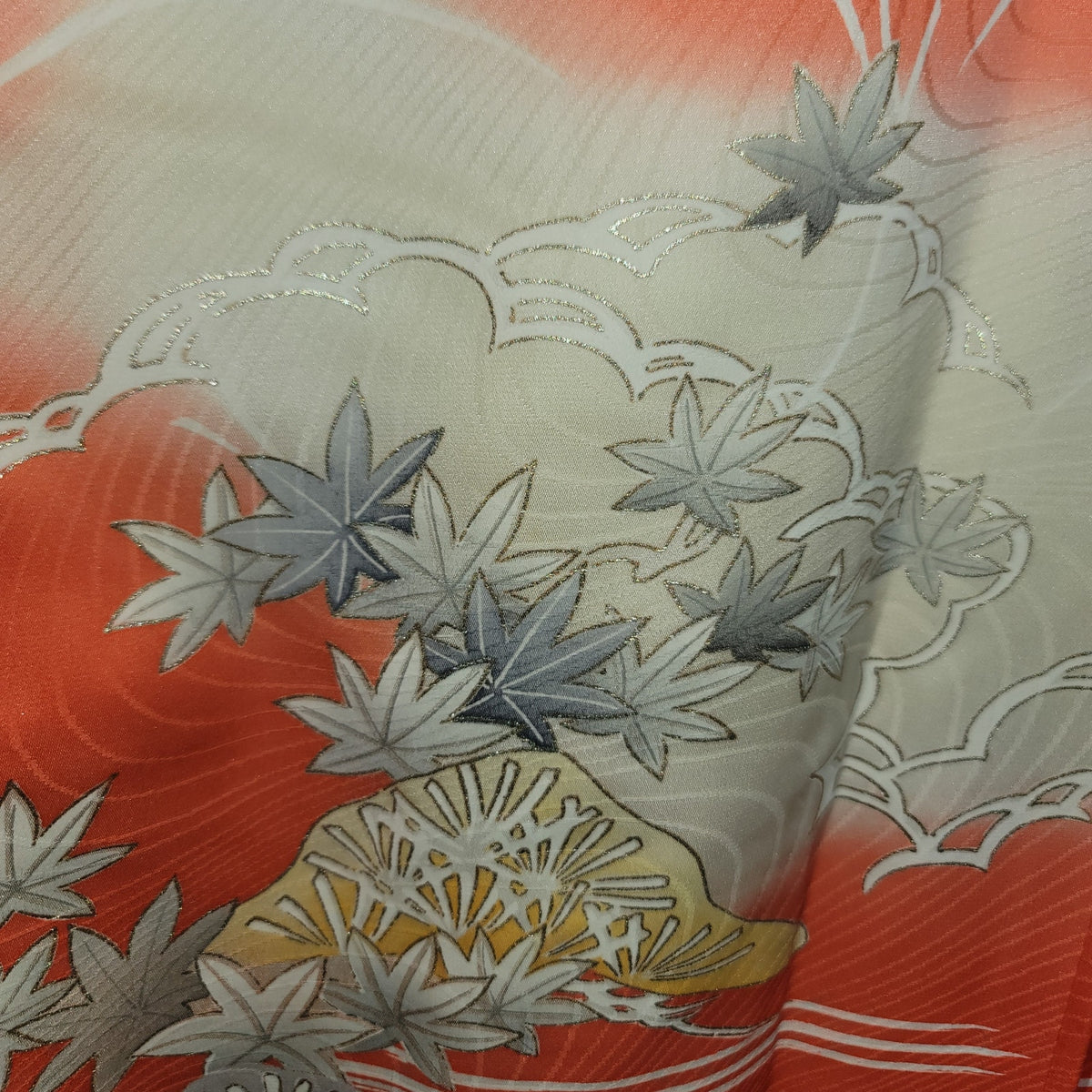 Vintage Silk Furisode (long sleeve) Kimono Robe Orange Gold Silver Embroidery