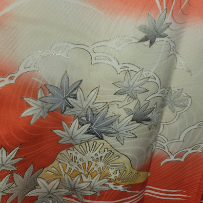Vintage Silk Furisode (long sleeve) Kimono Robe Orange Gold Silver Embroidery