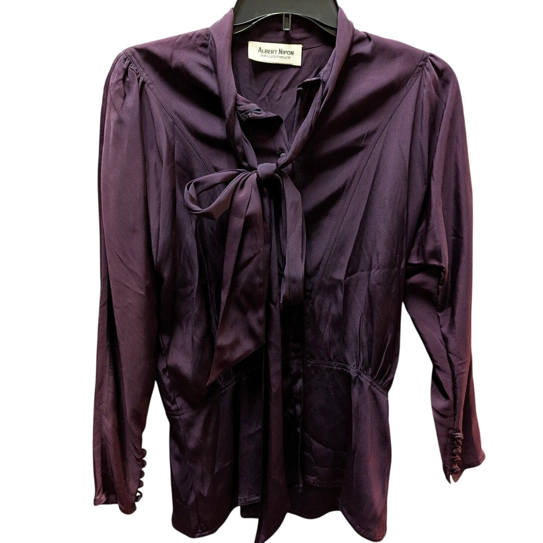 Vintage Albert Nipon Plum Purple Tie-Neck Secretary Blouse Pleated Peplum Sz 12