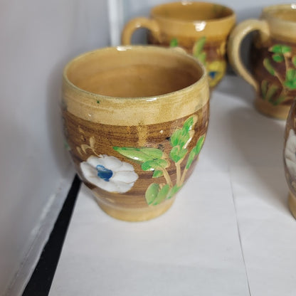 Set of 6 Primitive folk VINTAGE hand painted art pottery mug cup encised flowers