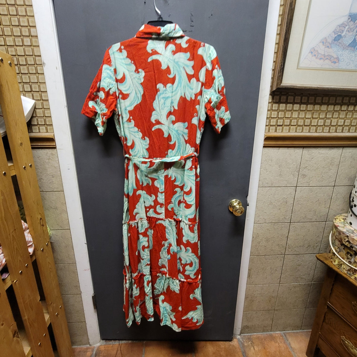 Alcee Short Puff Sleeve Maxi Dress Collar  Detachable Belt Crimson Mist Baroque