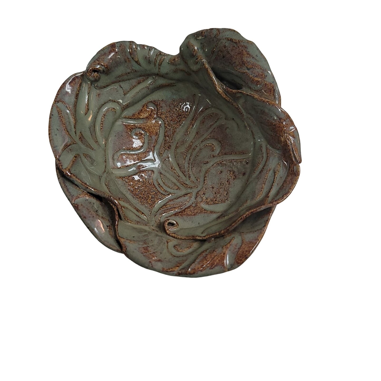 Handmade Art pottery free-form dish signed Nancy clay Red gray bowl flower 5"