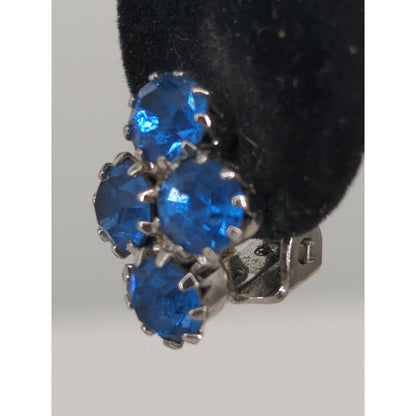 Vintage Vibrant Blue Rhinestone Cluster Clip On Earrings Mid Century Sparkle