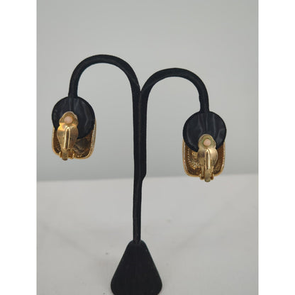 Vintage Two-Tone Mixed Metal Basketweave Door Knocker Clip On Earrings Glamour