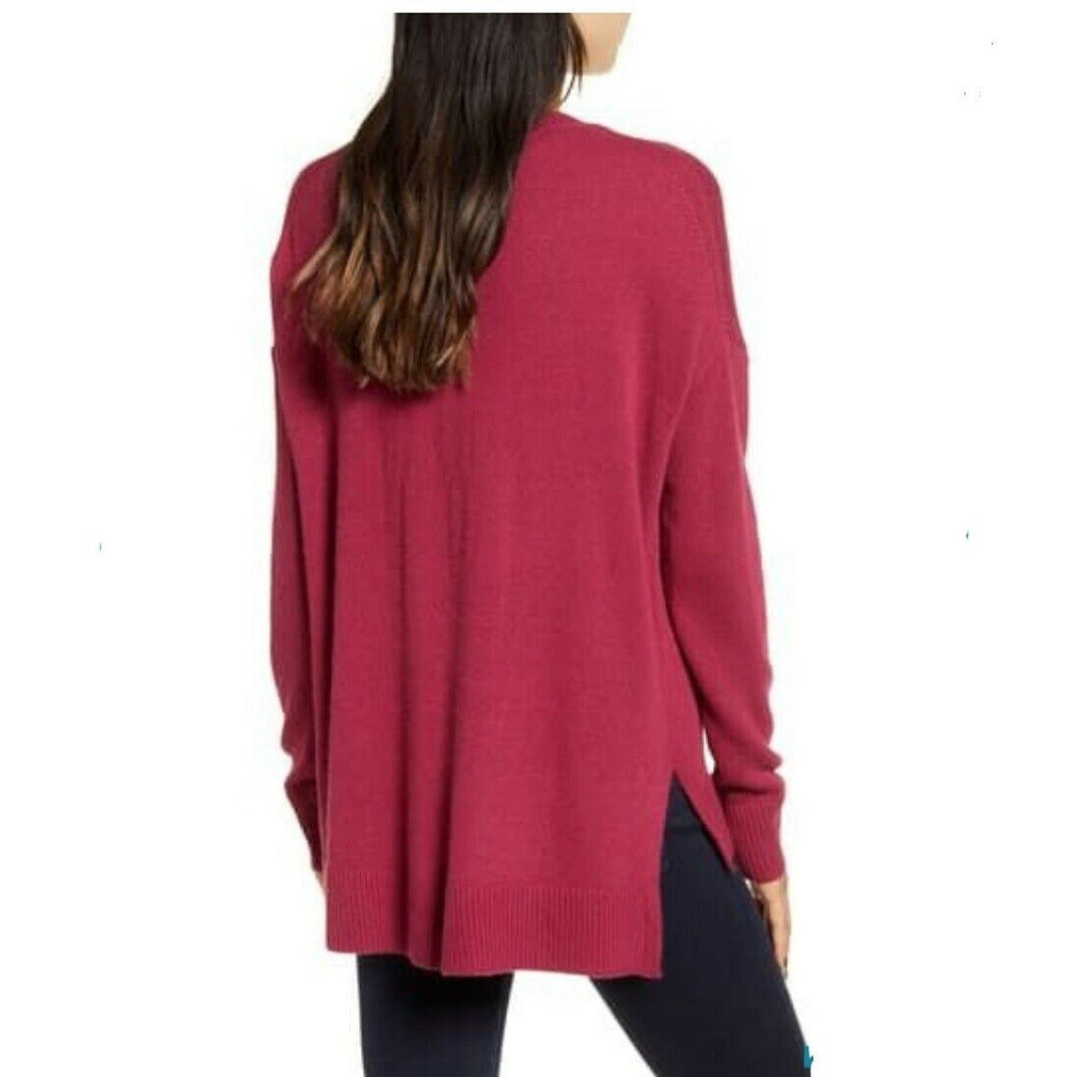 Chelsea28 Long Sleeve Pullover Knitted Sweater Crew Neck Split Hem Red small