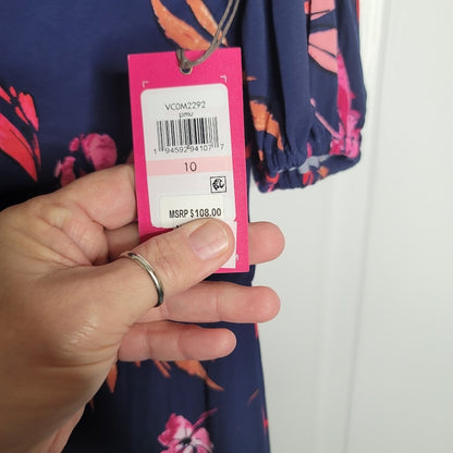 Vince Camuto Size 10 Blue Floral Dress ruched puff sleeve NEW casual career