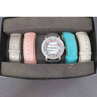 Women Interchangeable Watch Set Rainbow Crystal Bezel 5 Colorful Straps Gift Box