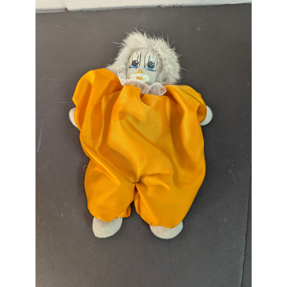 Vintage Porcelain Clown Doll Yellow Satin Jumpsuit White Faux Fur Hair