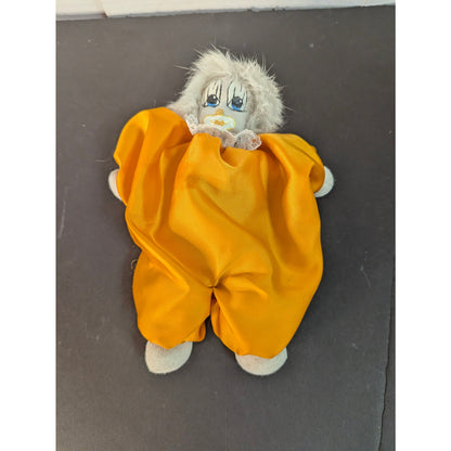 Vintage Porcelain Clown Doll Yellow Satin Jumpsuit White Faux Fur Hair