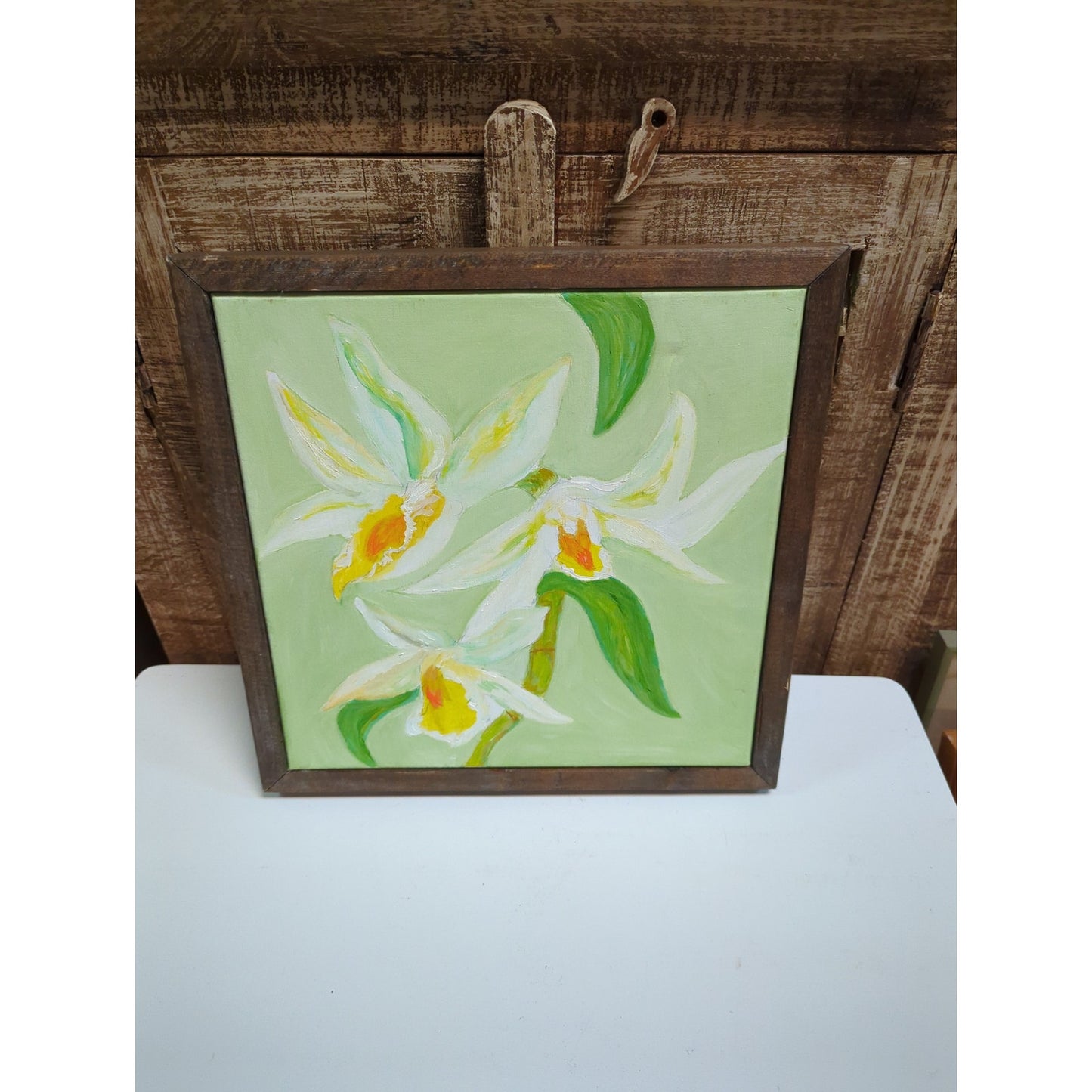 13.6" x 13.6" Tropical Orchid Canvas Painting Framed Floral Abstract Wall Art