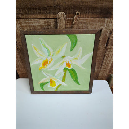 13.6" x 13.6" Tropical Orchid Canvas Painting Framed Floral Abstract Wall Art