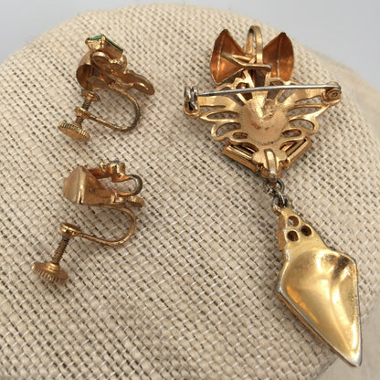 Matching art deco style brooch dangle screw back earrings goldtone faux emerald