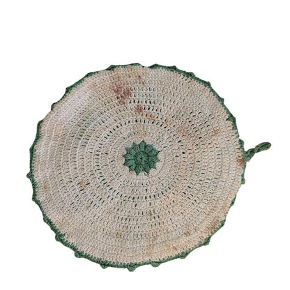 Vintage Crocheted Green Cream Trivet doily Star pattern raised 9" round Cabin