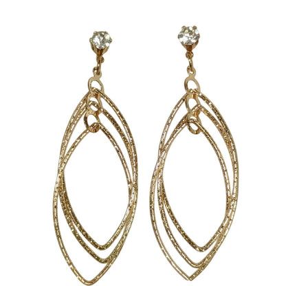 Dangle Triple Navette Hoop Gold Rhinestone Stud Earrings Sparkle Glitter Posts