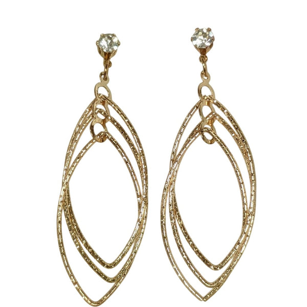 Dangle Triple Navette Hoop Gold Rhinestone Stud Earrings Sparkle Glitter Posts