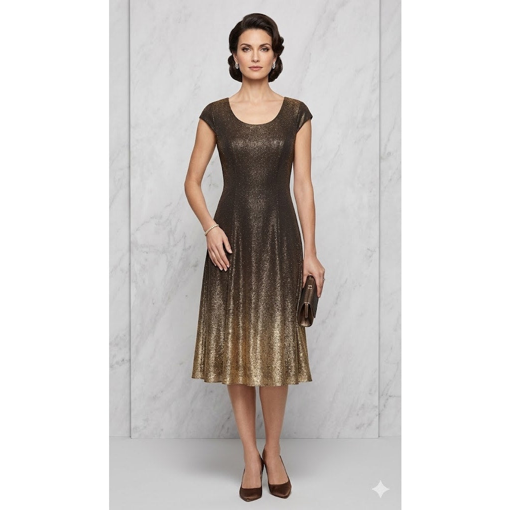 Molly Malloy Evening Petites Bronze Metallic Shimmer Cap Sleeve Midi Dress Small