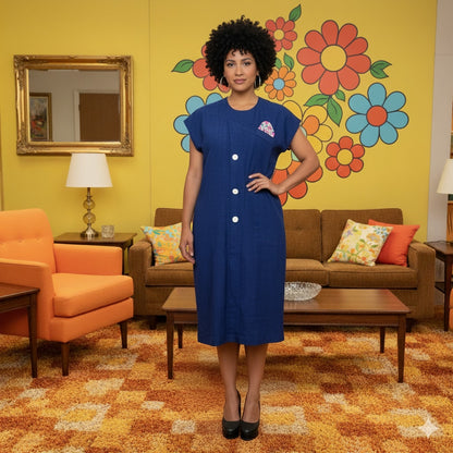 Vintage 80s linen Sheath dress Blue shoulder pads Large Pocket square cap sleeve