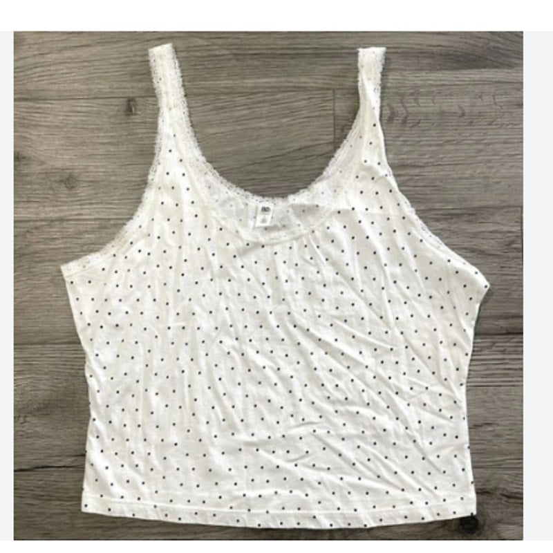 BP Tank Top LARGE CAMISOLE White Black Polka Dot Lace Boho Crop Womens Casual