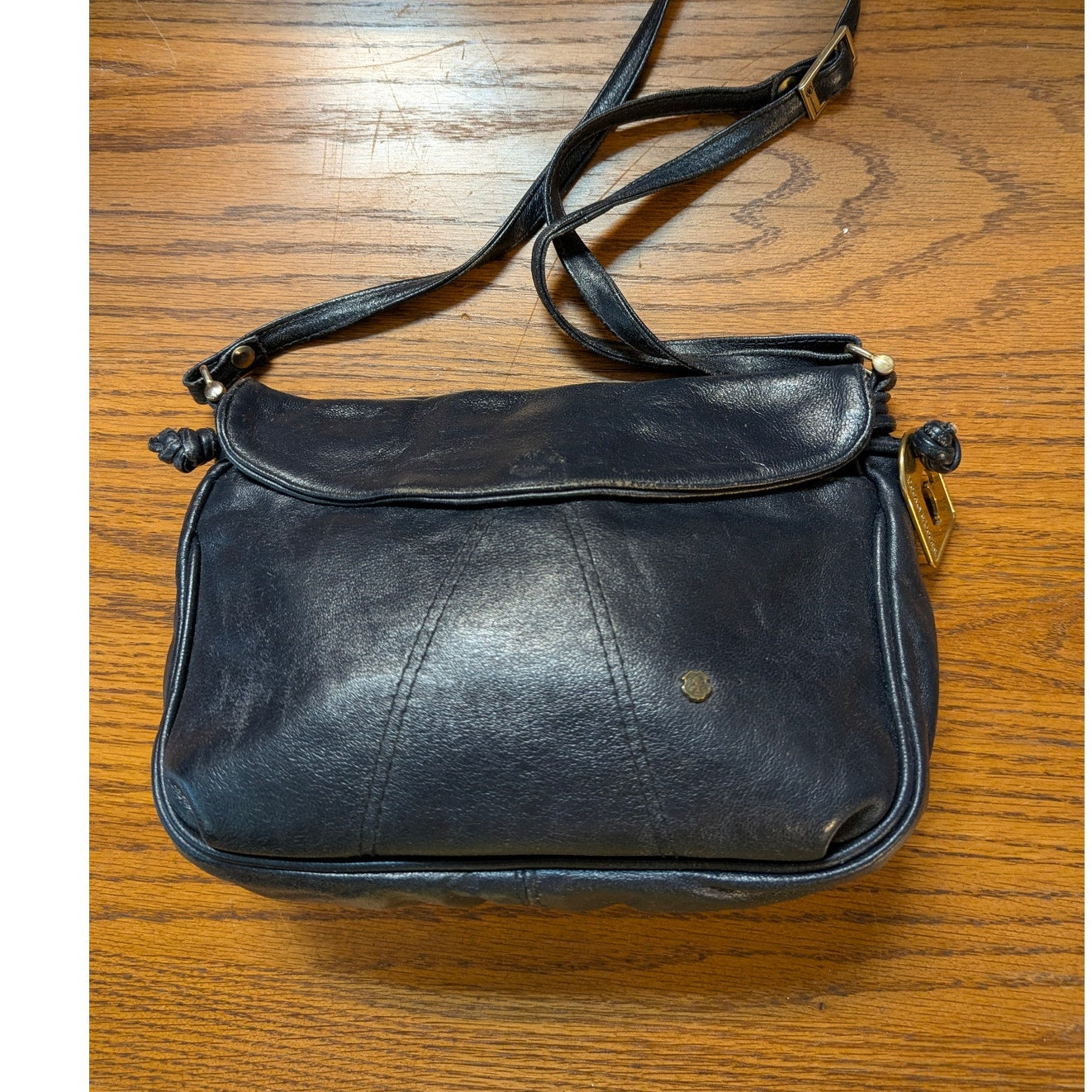 Vintage Dooney & Bourke Navy All Weather Leather Saddle Crossbody Bag Brass Fob