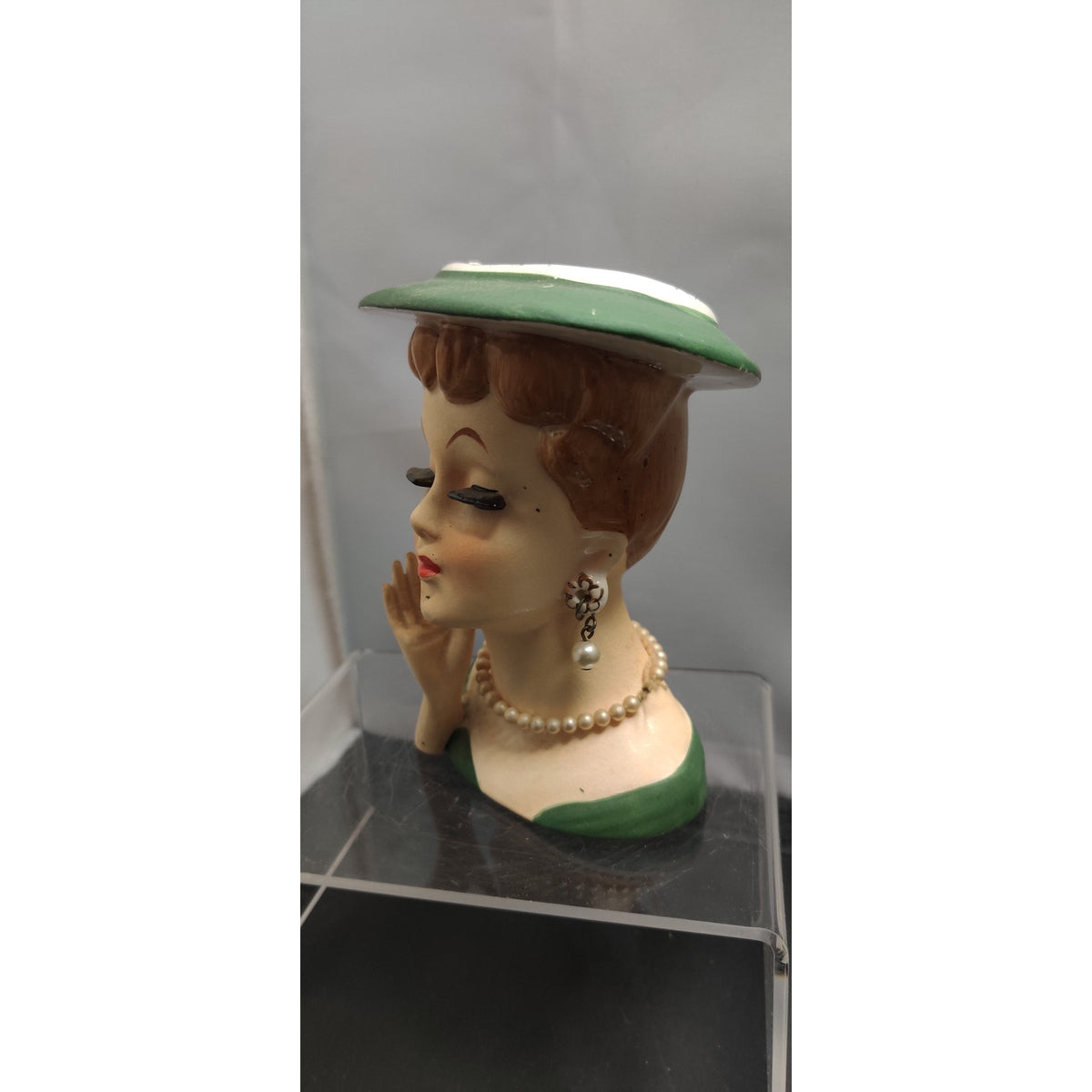 Vintage 1950s Redhead Lady Head Vase Planter Green Hat Collectible Kitsch