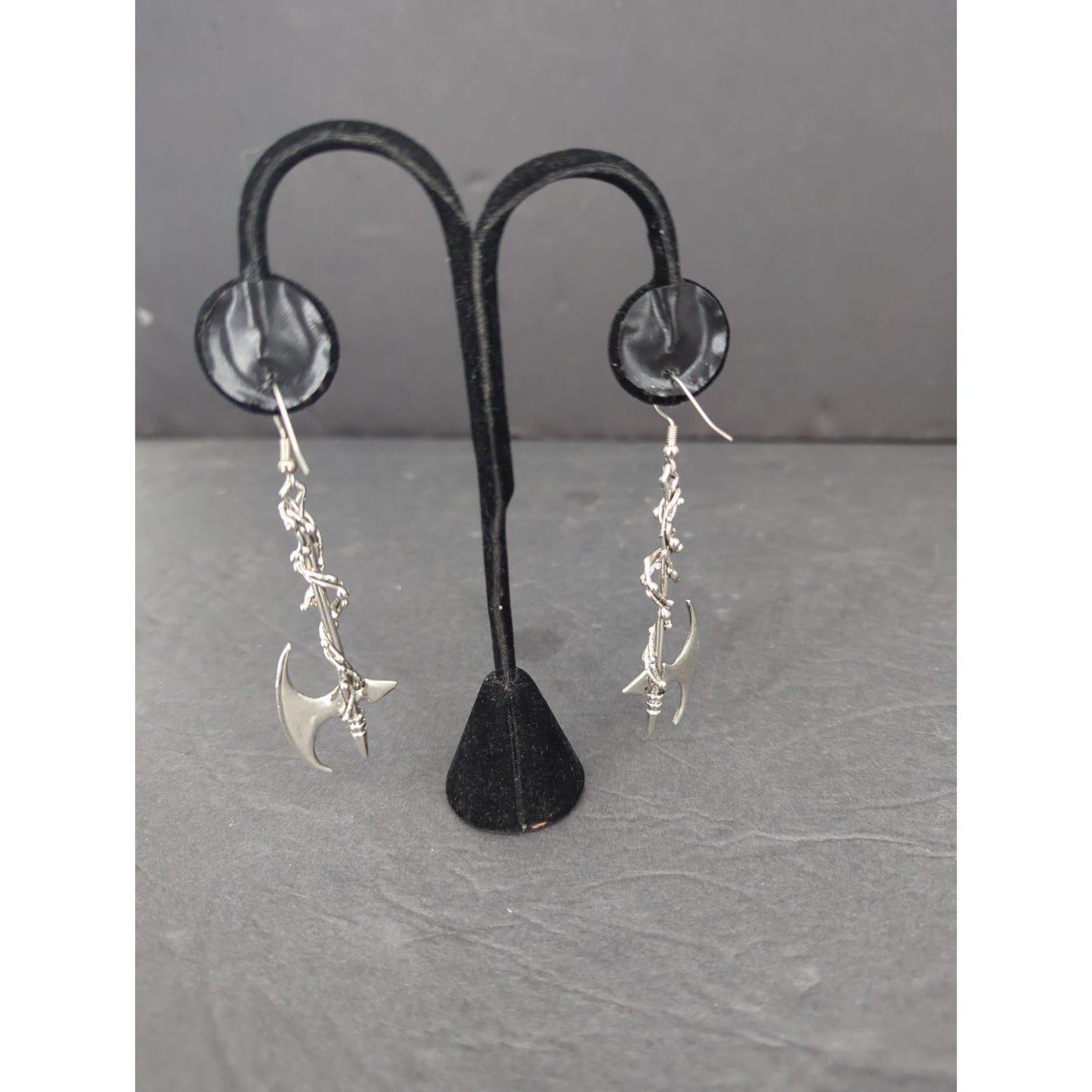 Vintage Silver Tone Battle Axe Dangle Pierced Earrings Gothic Edgy RenFaire